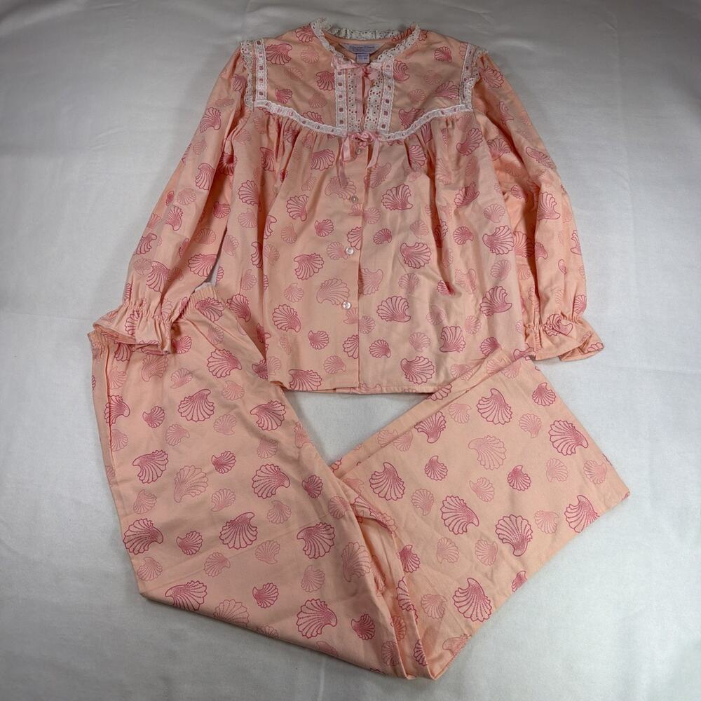 Vtg 80s Carriage Court Classic Pink Seashell Pajama Set Lace Cotton Pants Top M